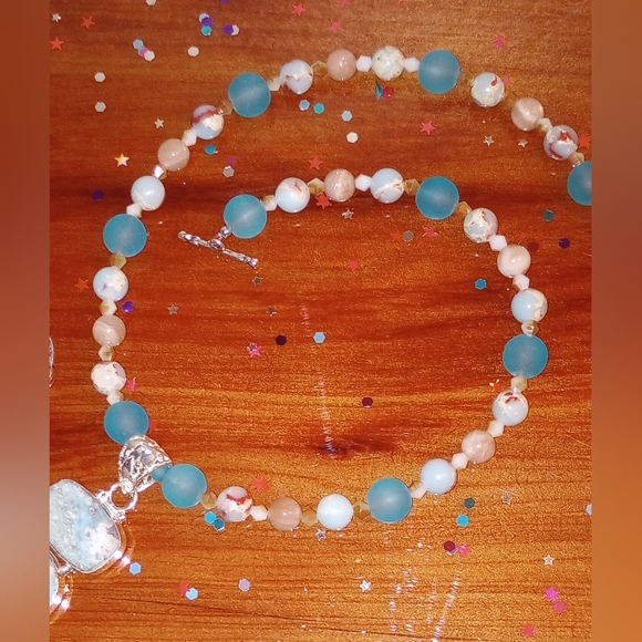 Aqua Terra Jasper Pendant Sunstone Frosted Sea Glass Beads Earrings Unique Set - Picture 5 of 8